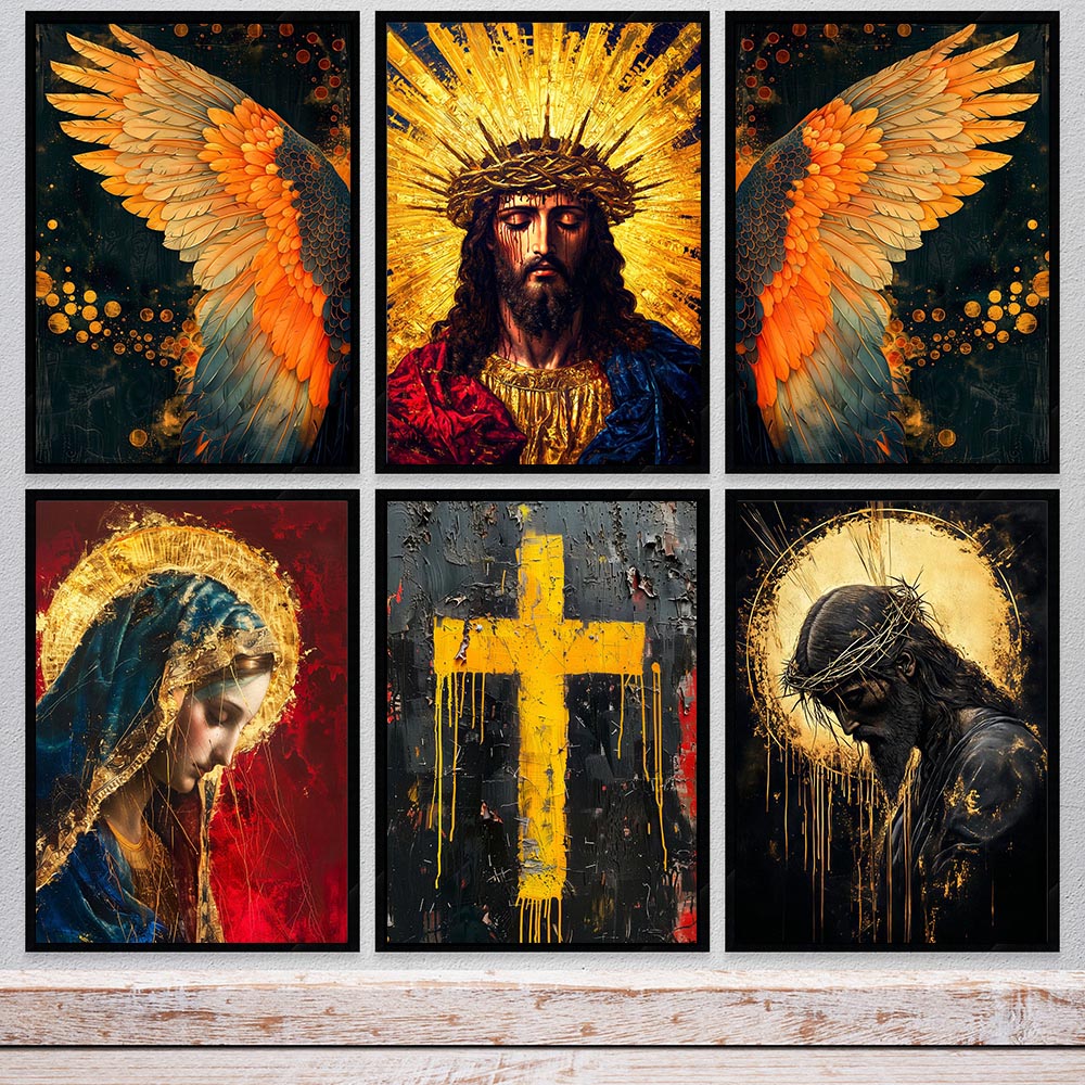 Home Decor Jesus - ศิลปะติดผนังศรัทธาคริสเตียน ภาพวาดบนผ้าใบ นักรบเทวดาอธิษฐาน มงกุฎหนาม โปสเตอร์ ความรุ่งโรจน์ของพระเยซูคริสต์