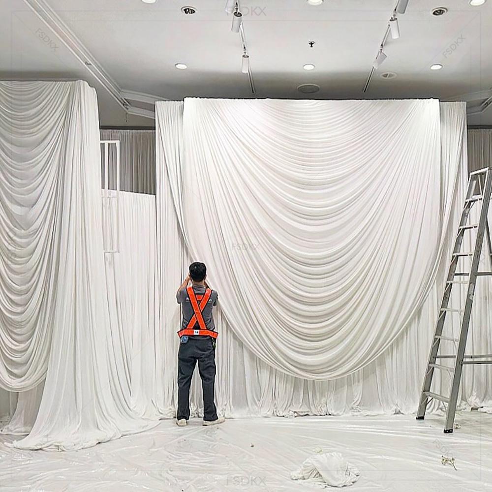 Home Decor White - ผ้าม่านฉากหลังงานแต่งงาน ผ้าไหมน้ำแข็งสีขาวราคาถูก FSDKX สำหรับงานปาร์ตี้วันเกิด ฉากหลังเวที