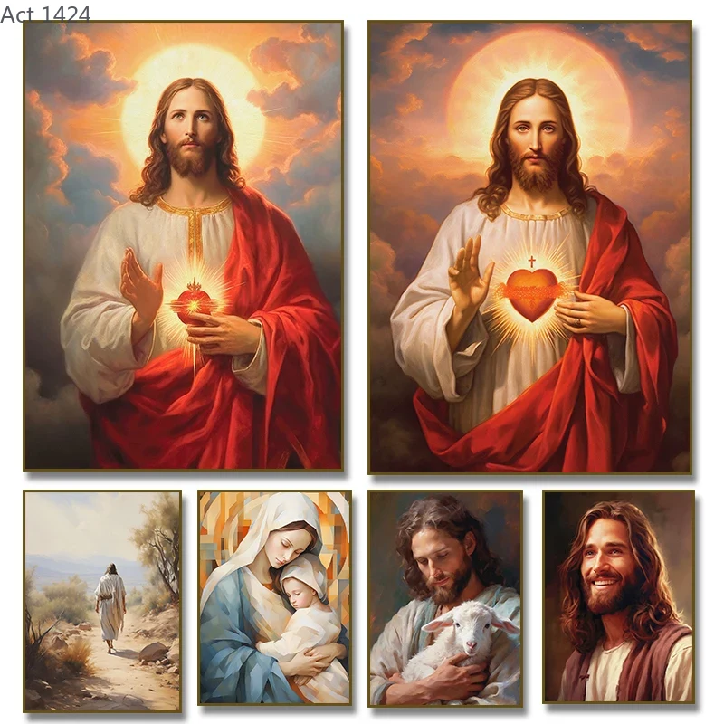 Home Decor Jesus - ภาพพิมพ์บนผ้าใบแนววินเทจ รูปพระเยซู พระหฤทัยศักดิ์สิทธิ์ พระกุมารเยซู และพระแม่มารี สำหรับตกแต่งผนังบ้าน