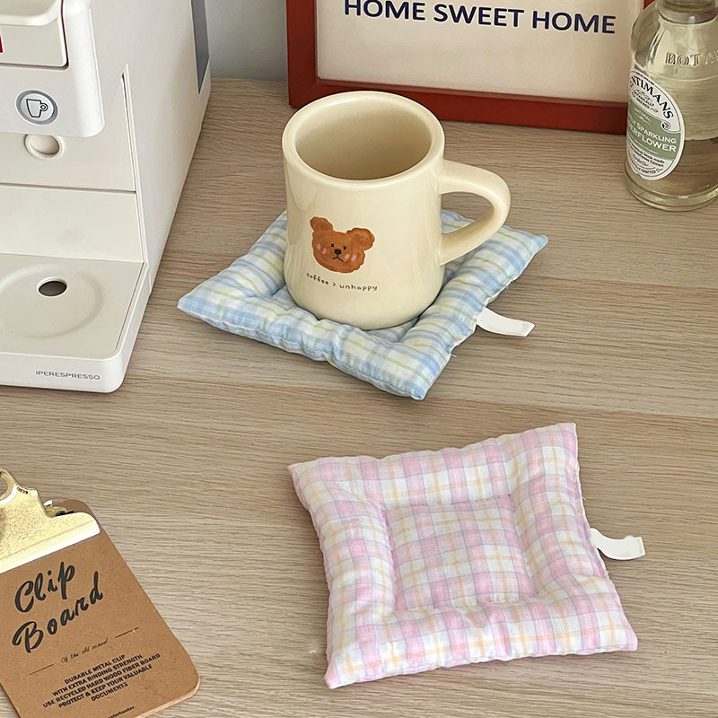 Home Decor Korea - แผ่นรองแก้วสไตล์เกาหลี ทำด้วยมือ ผ้าฝ้าย ลายตาราง แผ่นรองกันความร้อน แผ่นรองโต๊ะ
