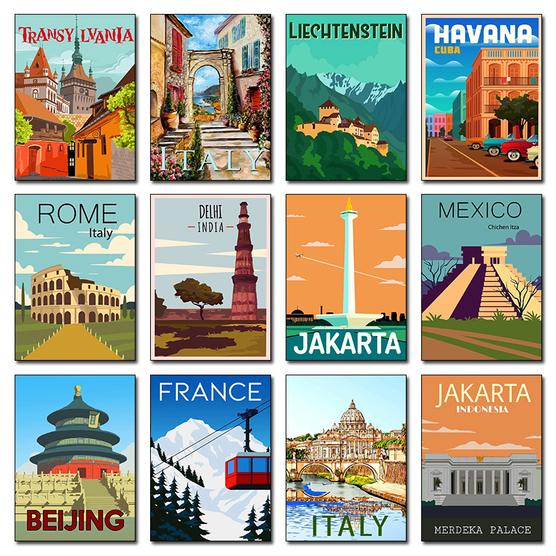 Home Decor Jakarta - แลนด์มาร์คเมืองสมัยใหม่ปักกิ่งเม็กซิโกอิตาลีจาการ์ตาสไตล์เรโทรโปสเตอร์ภาพวาดผ้าใบศิลปะบนกำแพงภาพตกแต่งบ้าน
