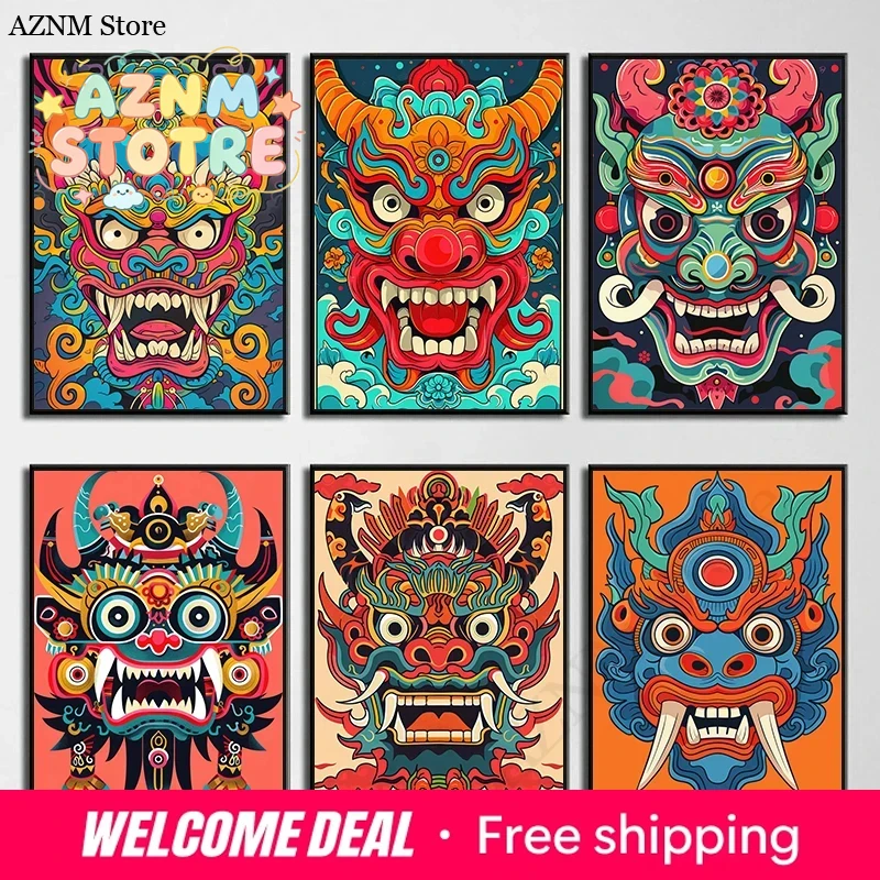 Home Decor Japanese - โปสเตอร์ภาพพิมพ์บนผ้าใบ หน้ากากปีศาจญี่ปุ่น โอนิ ซามูไร โยไค ภาพตกแต่งผนังสำหรับห้อง