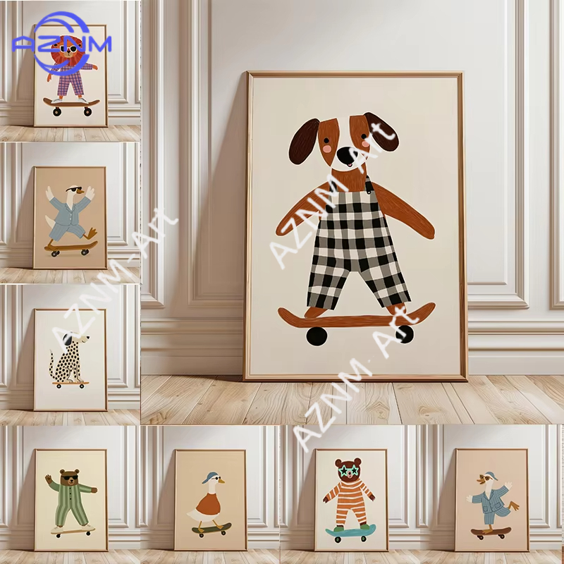 Home Decor Duck - โปสเตอร์สัตว์ตลกเล่นสเก็ตบอร์ด 1 ชิ้น ภาพพิมพ์บนผ้าใบลายห่าน เป็ด สุนัข