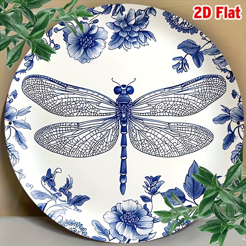 Home Decor White - 2D Flat,[2D Flat] 1 ชิ้นตกแต่งห้องทรงกลมสีฟ้าและสีขาวพอร์ซเลนจานแมลงปอออกแบบป้ายอลูมิเนียม -