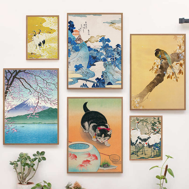 Home Decor Japanese - ภาพพิมพ์บนผ้าใบของคาตสึชิกะ โฮคุไซ ศิลปะญี่ปุ่น ภาพภูเขาไฟฟูจิและนก สำหรับตกแต่งภายในห้องและบ้าน